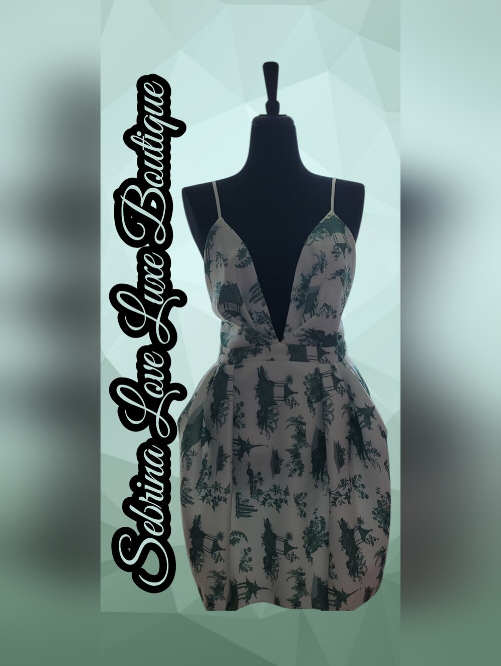 Exotic Green & White Toile Print Deep V-Neck Spaghetti Strap Backless Dress